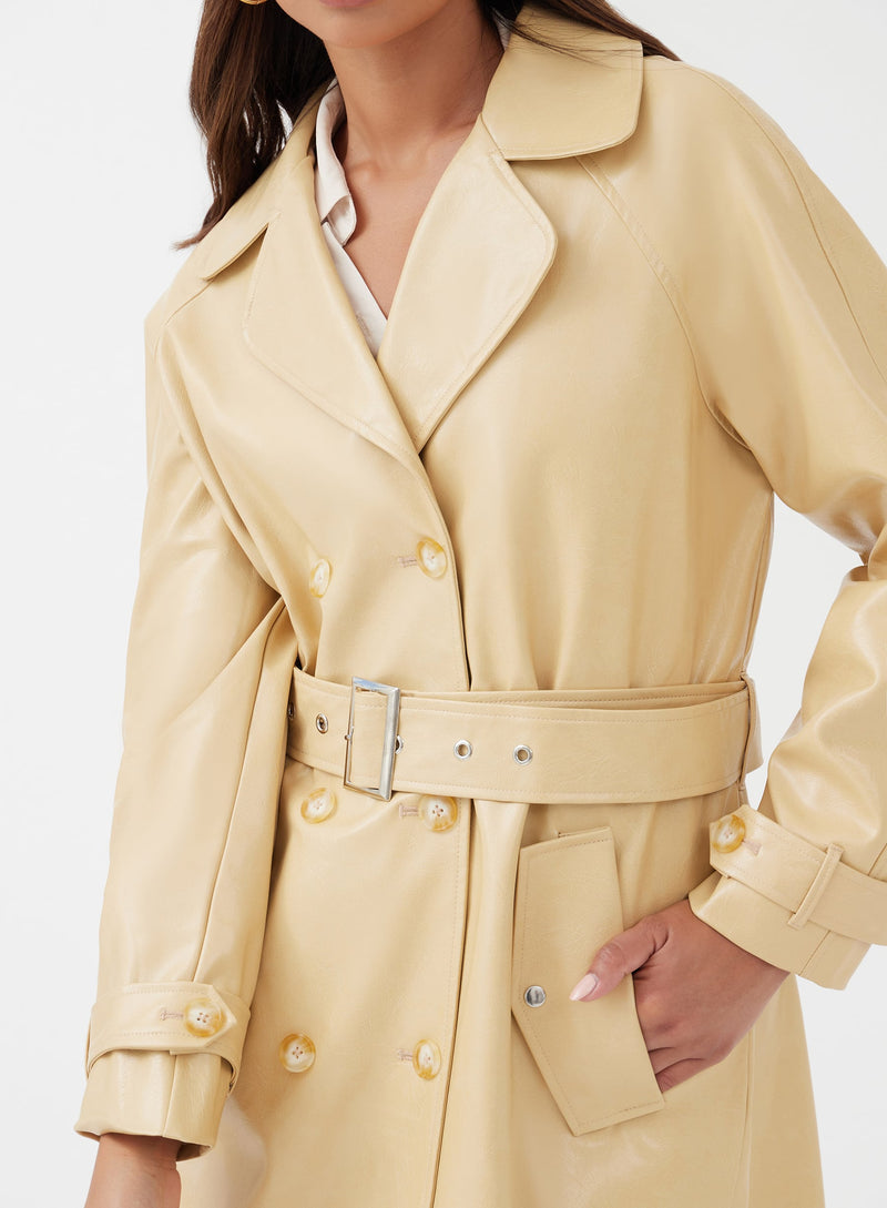 Luna Longline Belted Faux Leather Coat Butter - 3 - 4th&Reckless