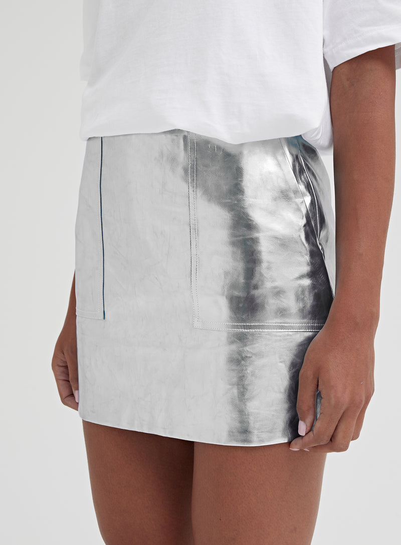 Silver Metallic Faux Leather Mini Skirt - Kiki