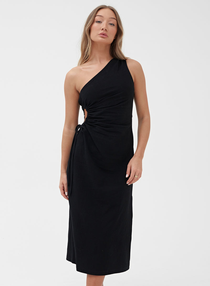 Black One Shoulder Linen Midi Dress - Indra