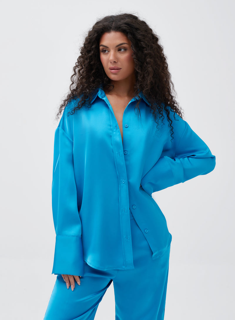 Women's Blue Oversized Satin Shirt | Allister | 4th & Reckless