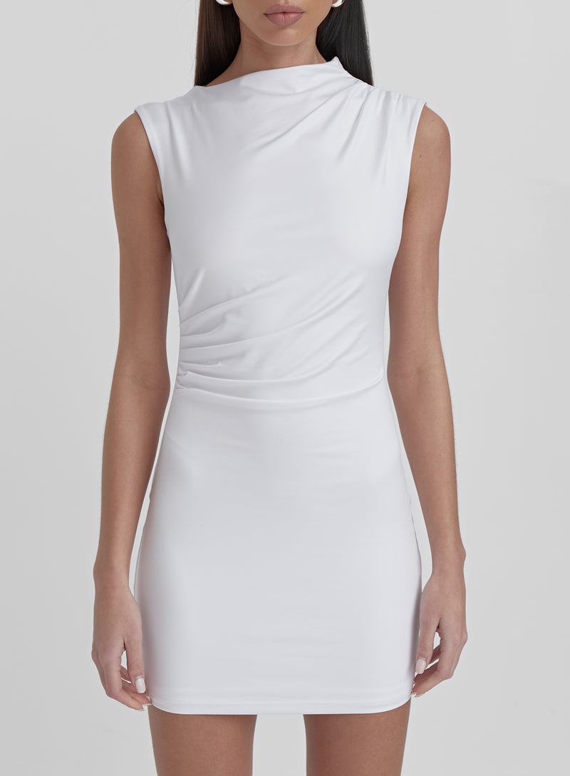 White Ruched Jersey Mini Dress- Senya