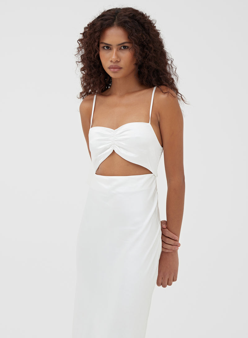 White Cut Out Satin Midi Dress - Isha