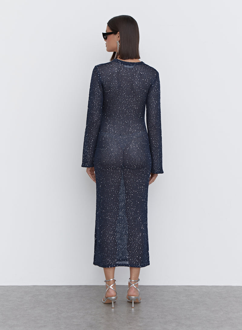 Navy Sequin Knitted Midaxi Dress - Sisca