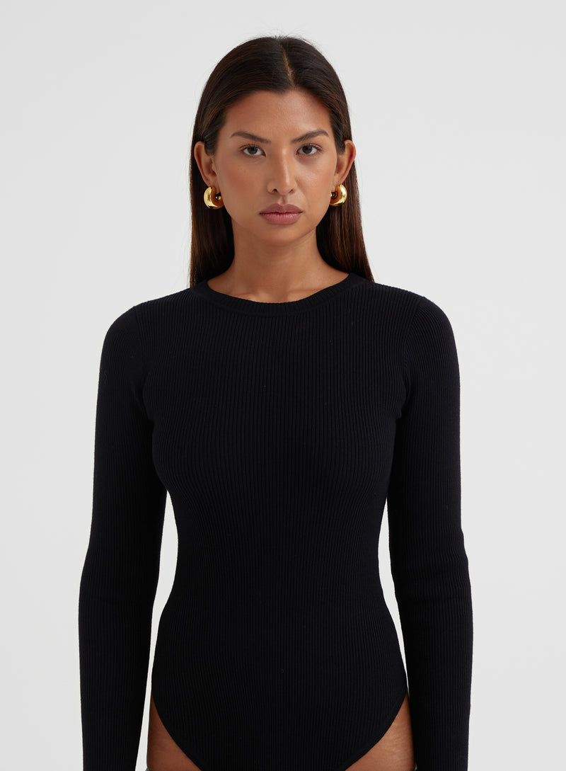 Black Knitted Long Sleeve Bodysuit- Kneev