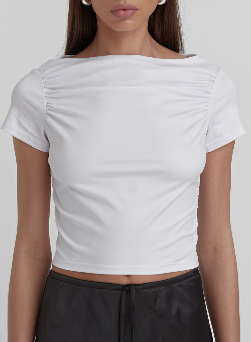 White Ruched Jersey Cropped T-shirt- Darrilyn