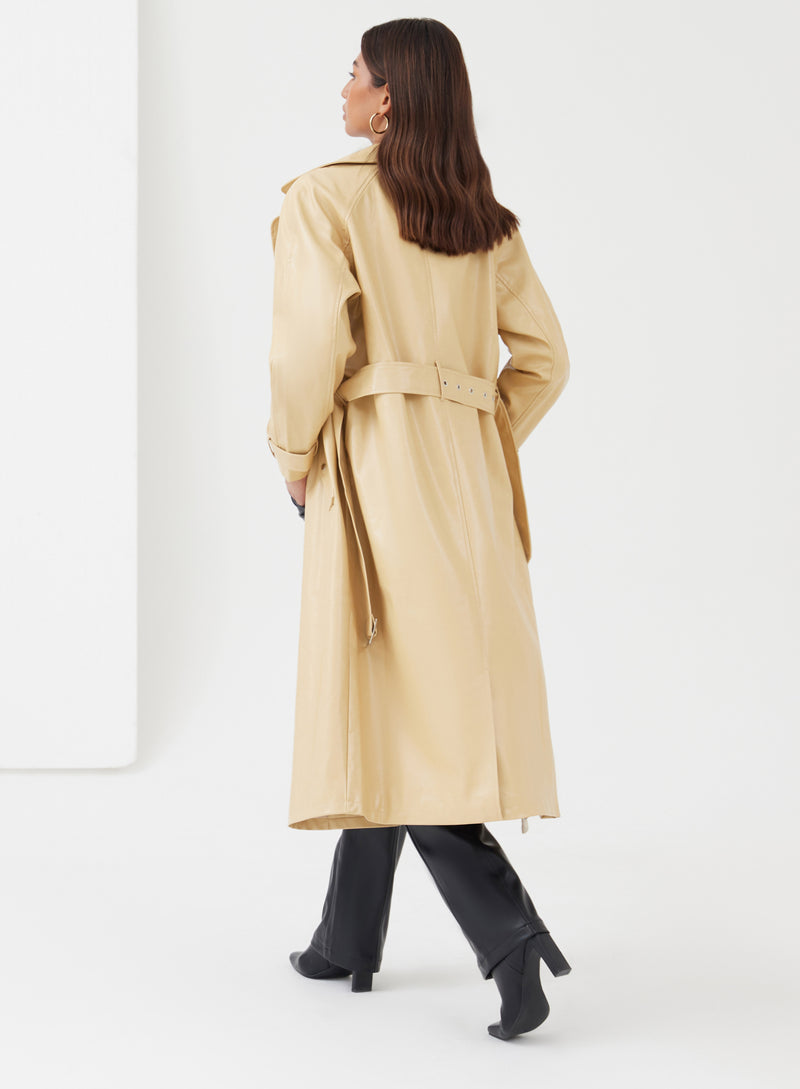 Luna Longline Belted Faux Leather Coat Butter - 6 - 4th&Reckless