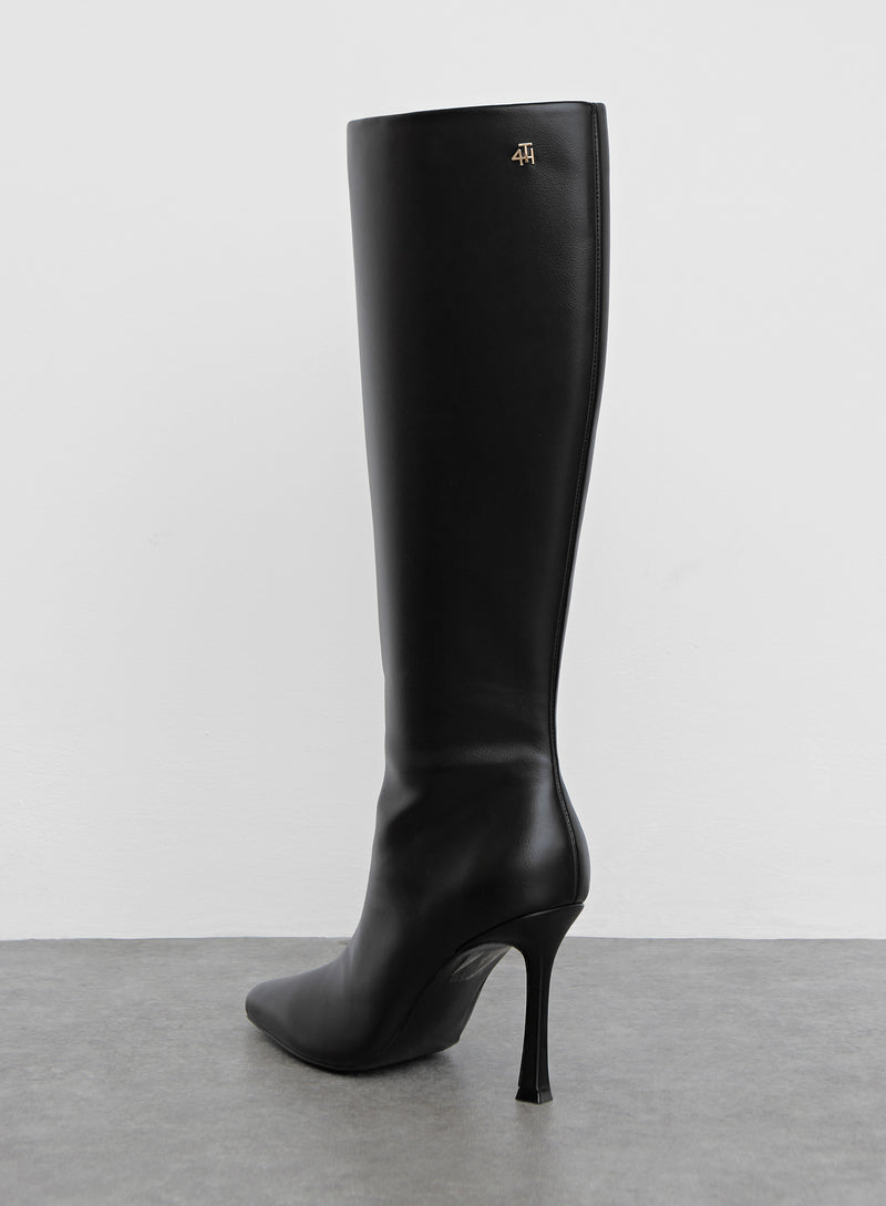 Black Faux Leather Knee High Heeled Boot - Amelie
