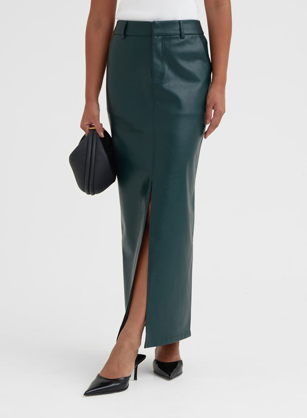 Green Split Front Faux Leather Midaxi Skirt - Nimah