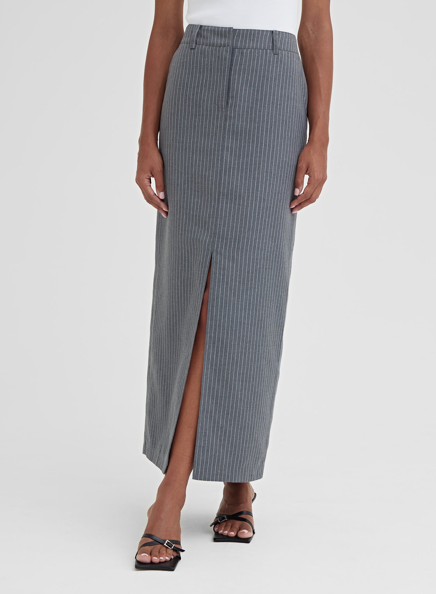 Women's Grey Pinstripe Split Front Midi Skirt | Grayson | 4th & Reckless