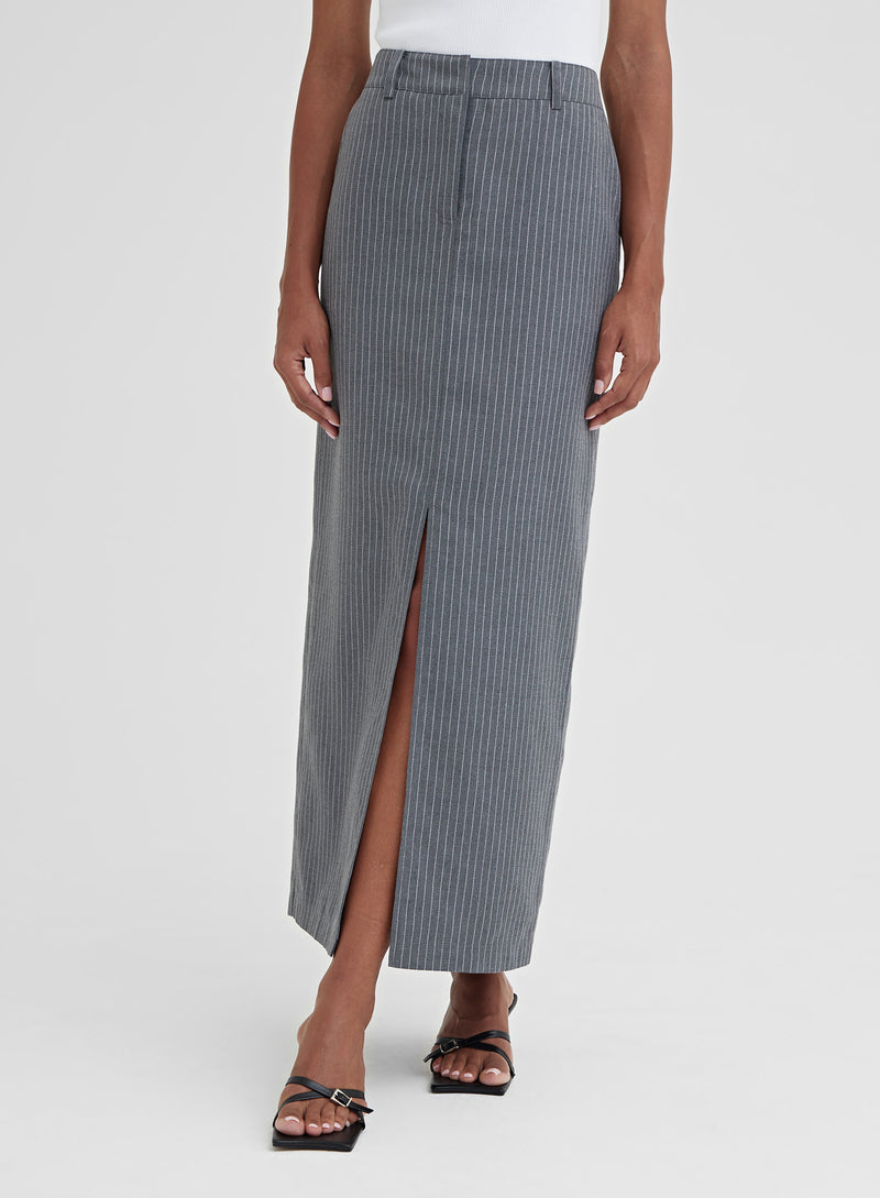 Grey Pinstripe Split Front Midi Skirt – Grayson