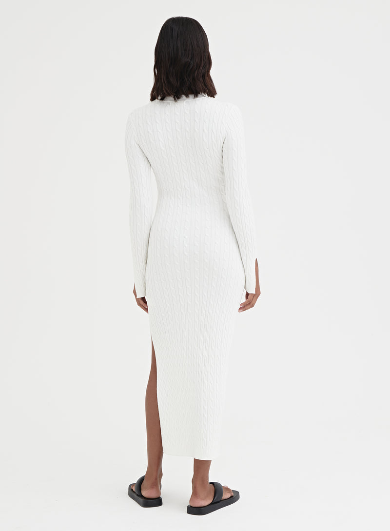White Knitted Split Detail Midi Dress - Kalea
