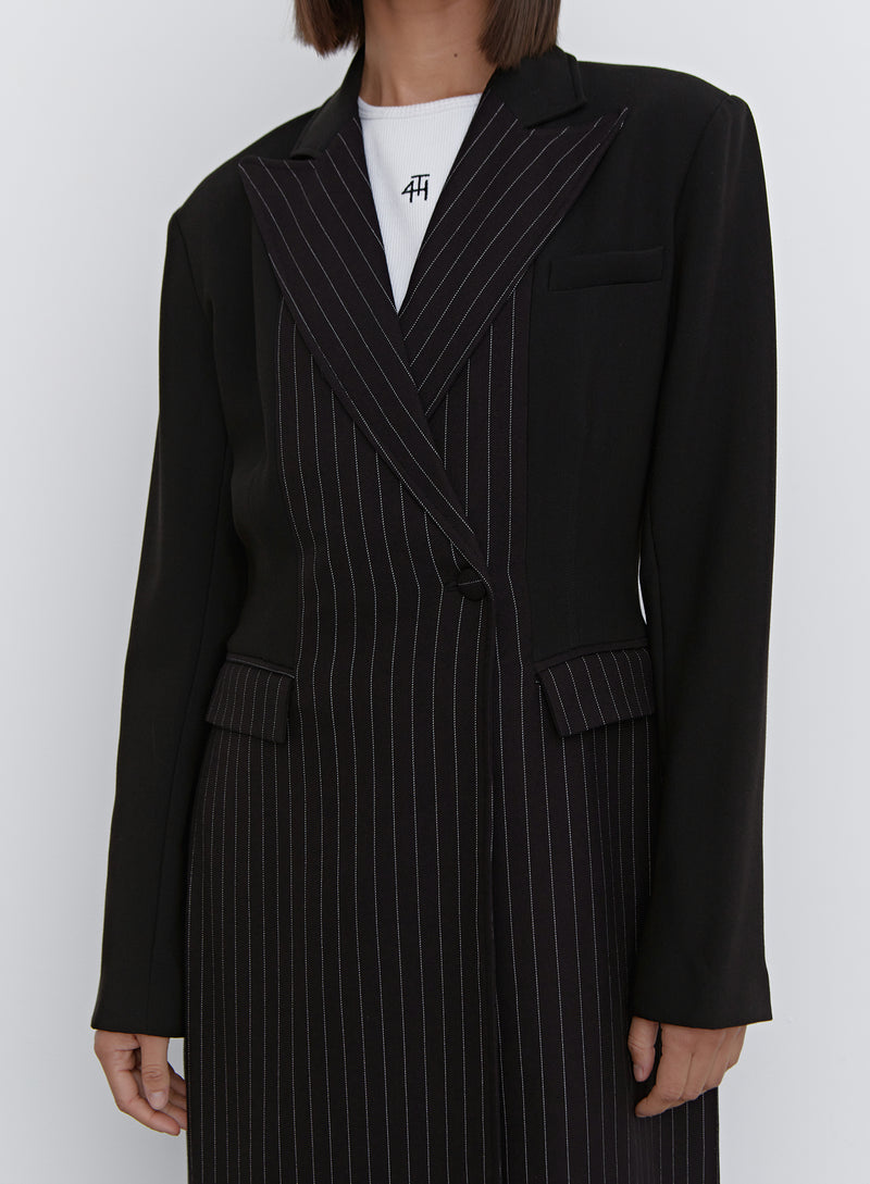 Black Pinstripe Tailored Longline Coat - Libby
