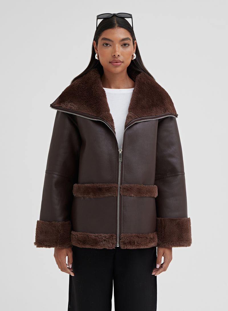 Women's Chocolate Brown Faux Leather Shearling Jacket | Dante | 4th ...
