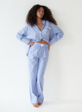 Women's Blue Pinstripe Cotton Blend Pyjama Shirt, Cabo