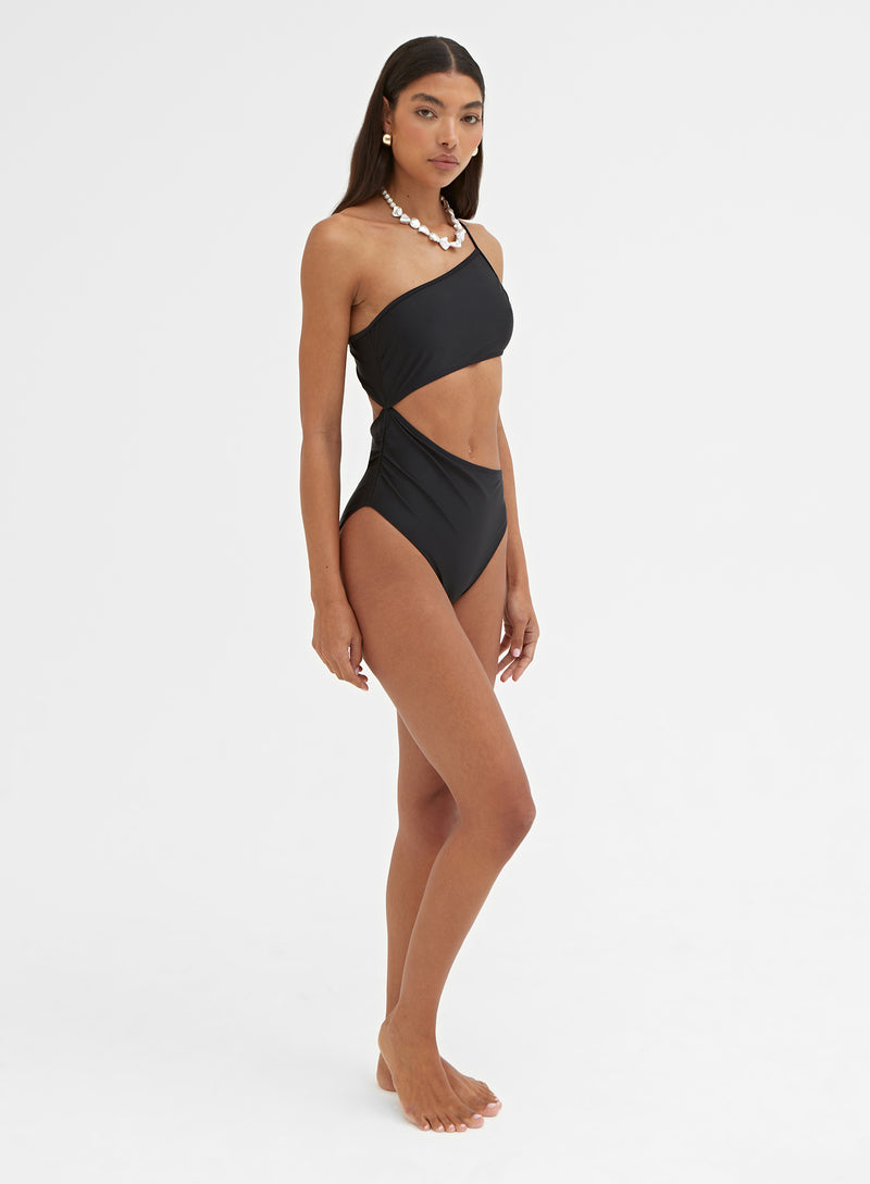 Dive Deeper Black Ribbed Cutout One-Shoulder Bikini Top