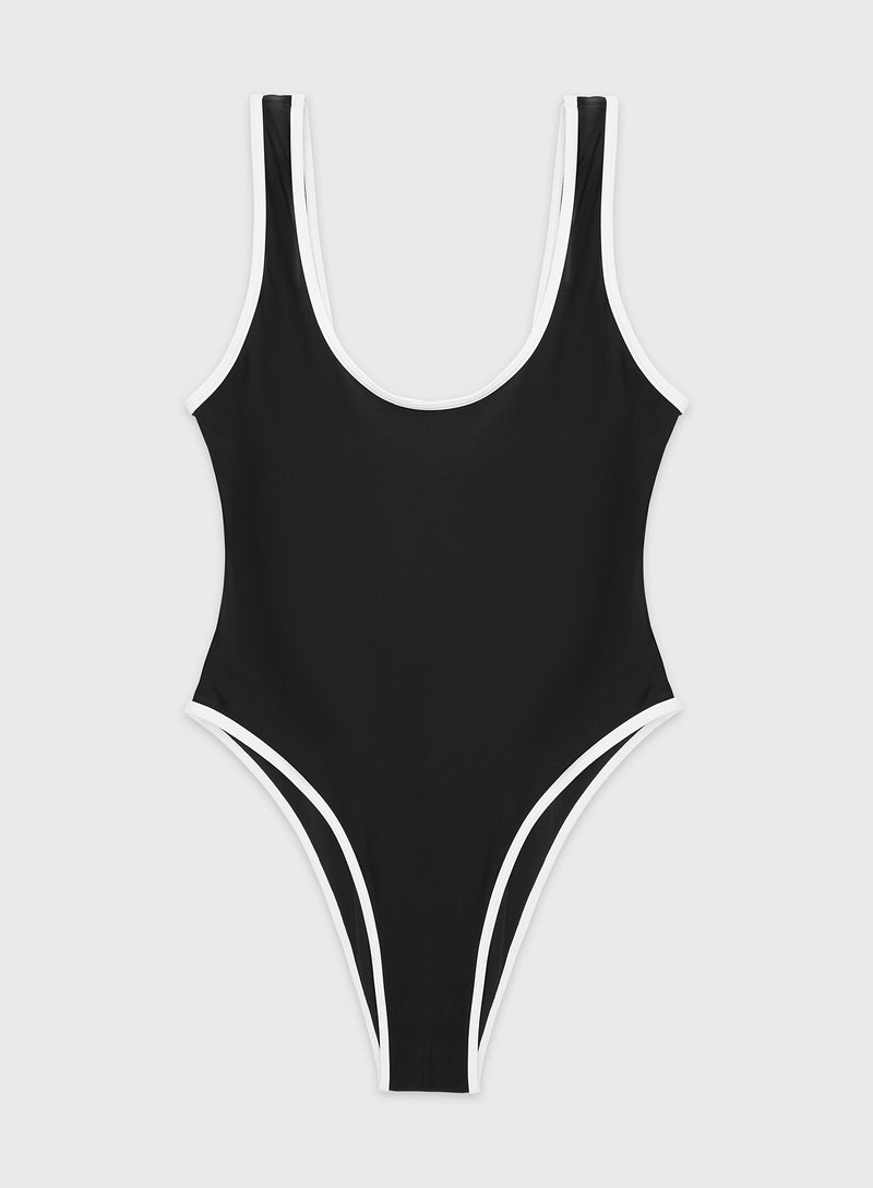 Black Contrast Trim High Leg Swimsuit – Natalie