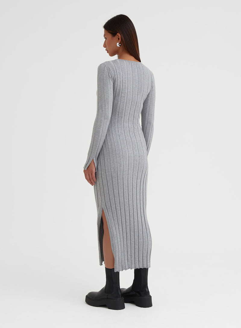 Grey Knitted Split Leg Midi Dress - Carmello