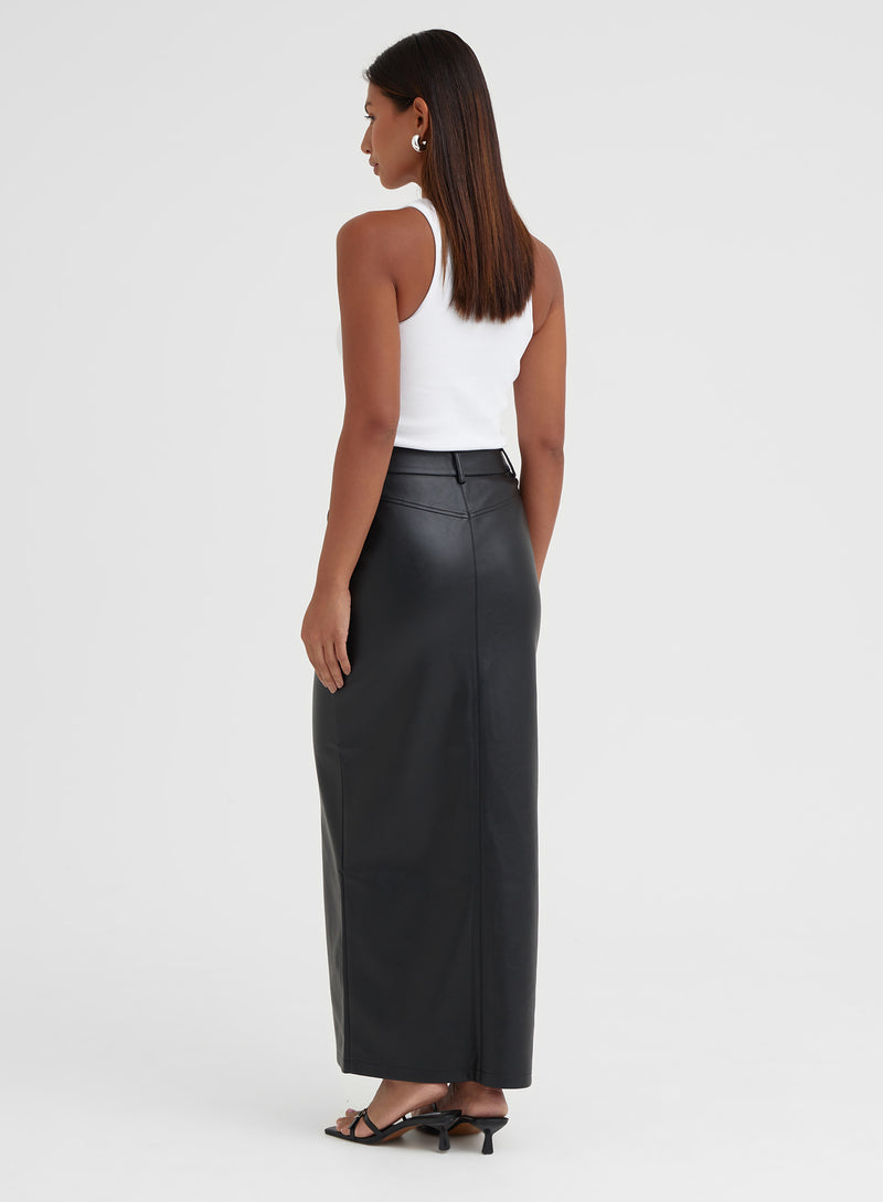 Black Split Front Faux Leather Midaxi Skirt - Nimah