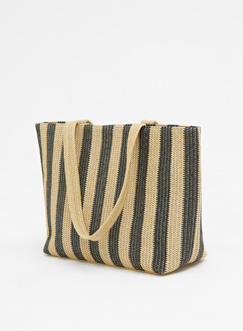Beige And Black Striped Straw Tote Bag - Mina