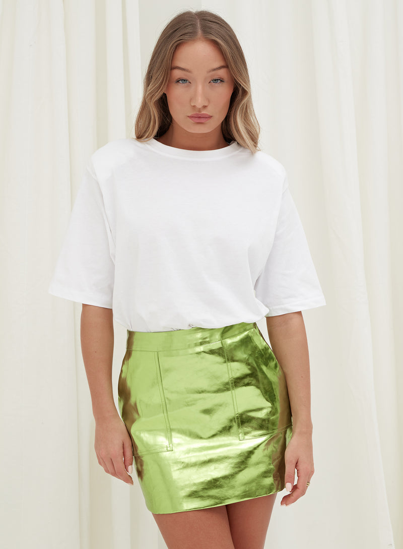 Green Metallic Faux Leather Mini Skirt - Kiki