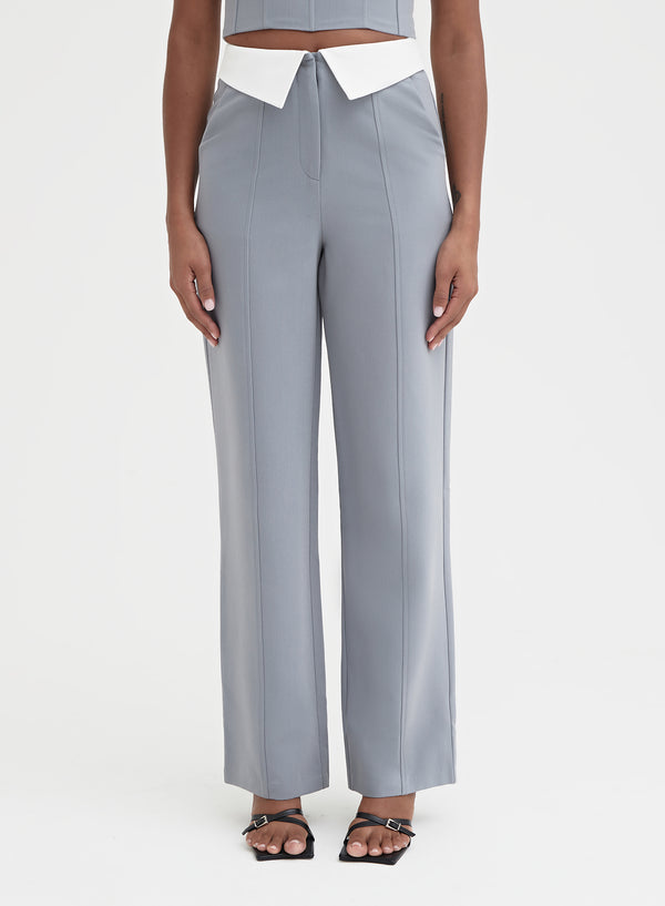 Slate Blue Exposed Waistband Tailored Trouser - Haley