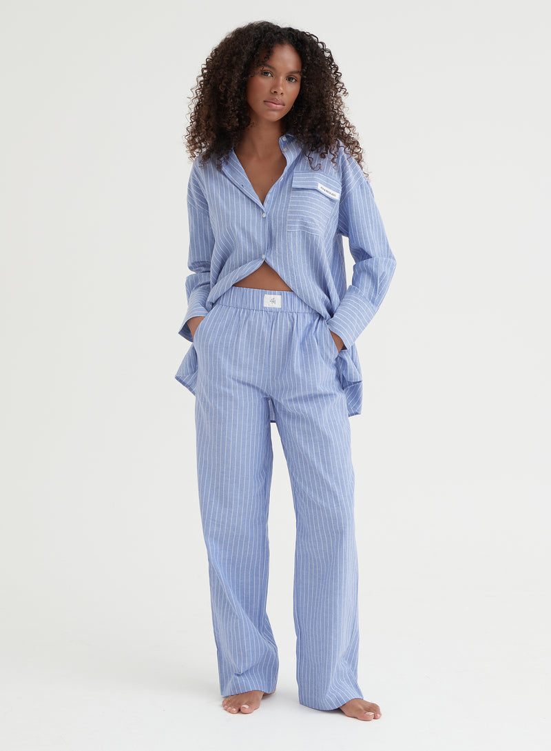 Women's Blue Pinstripe Cotton Blend Pyjama Trouser, Cabo