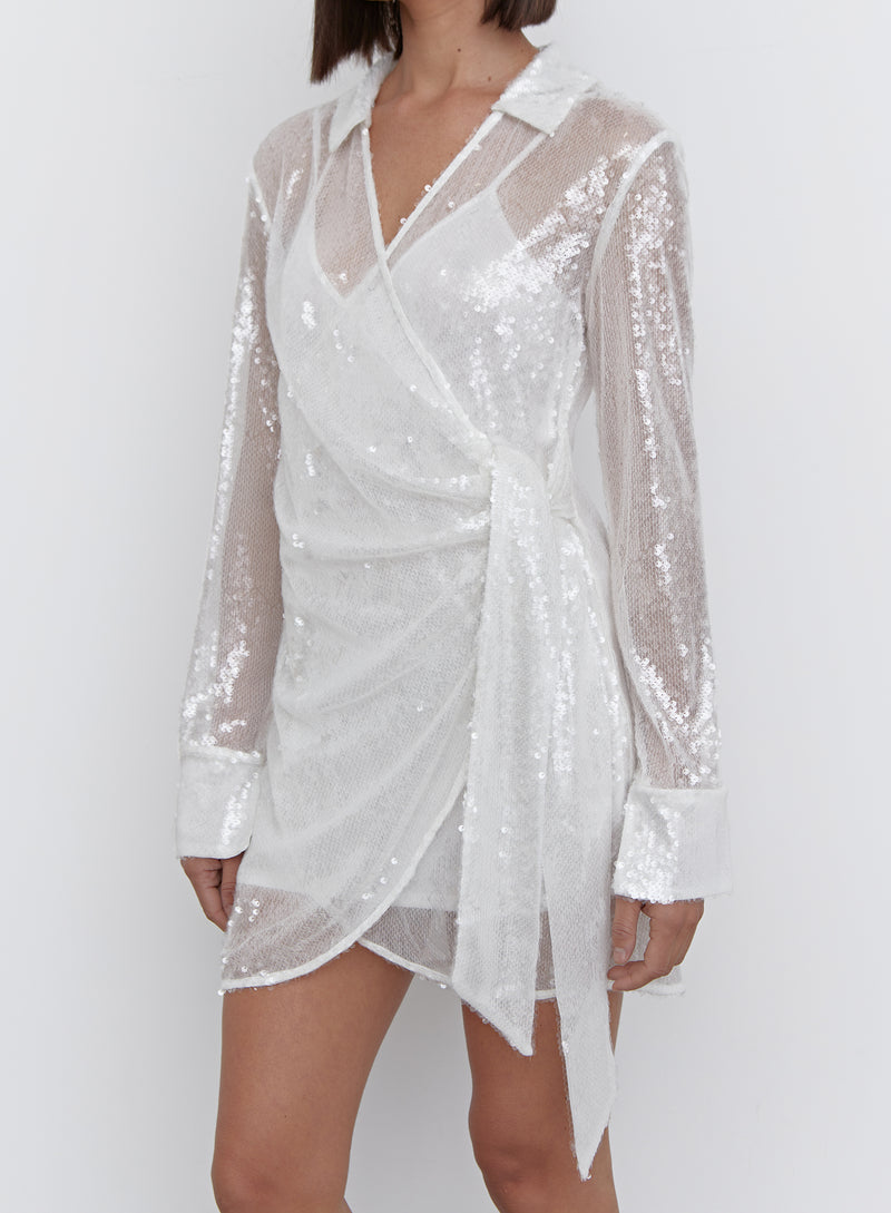 White Sequin Shirt Mini Dress - Idella