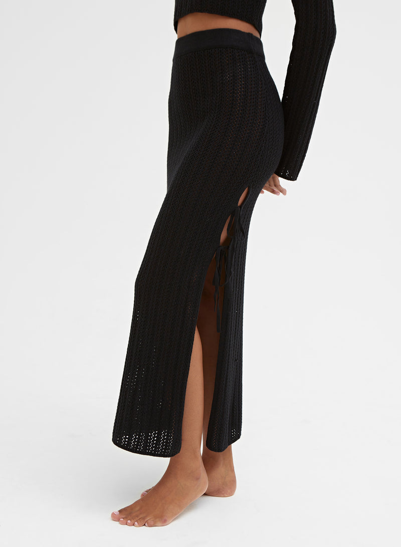 Black Knitted Tie Side Maxi Skirt – Shannon