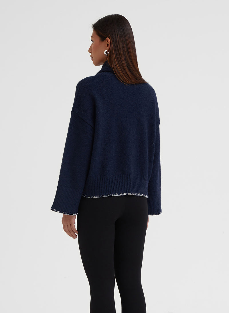 Navy Stitch Detail Knitted Jumper With Scarf - Lily