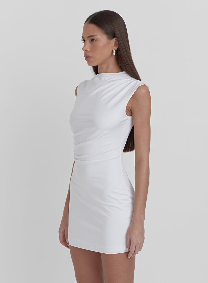 White Ruched Jersey Mini Dress- Senya