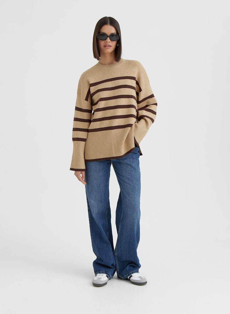 Camel Striped Boxy Knitted Jumper - Cleo