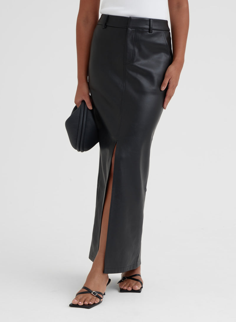 Women's Black Split Front Faux Leather Midaxi Skirt, Nimah