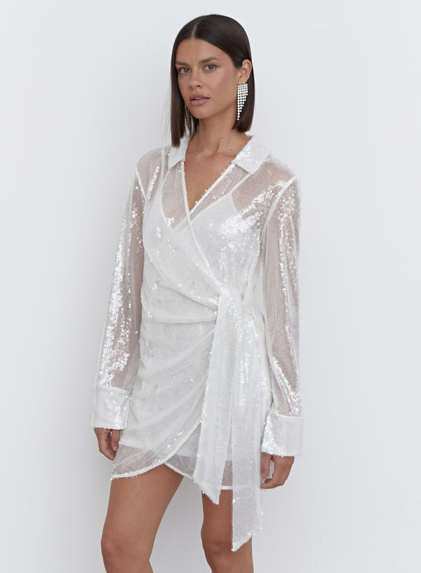 White Sequin Shirt Mini Dress - Idella