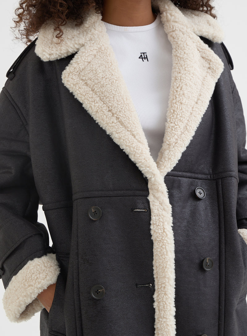 Black And Cream Longline Shearling Coat – Yessica