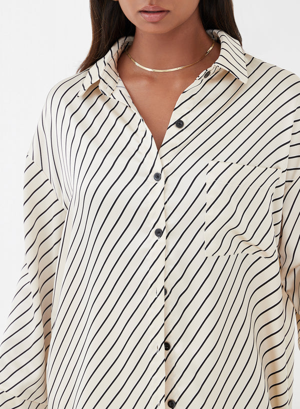 Norma Diagonal Stripe Satin Shirt Cream - 2 - 4th&Reckless