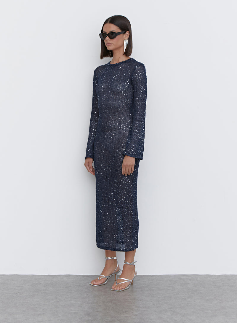Navy Sequin Knitted Midaxi Dress - Sisca