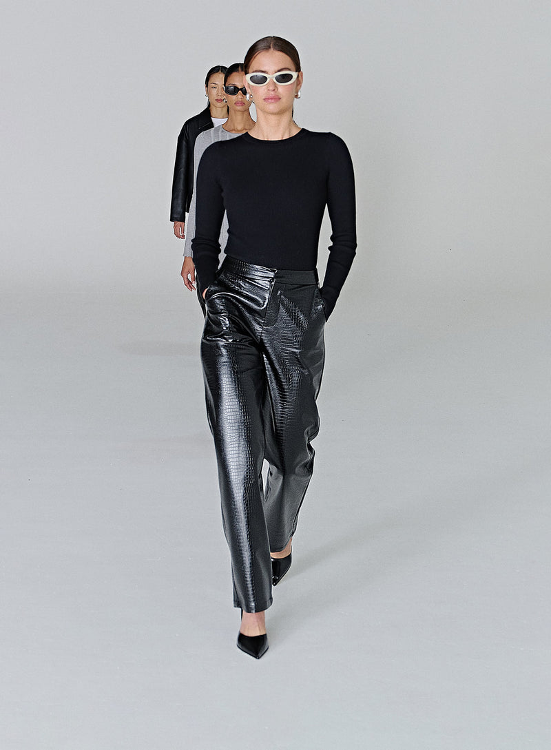 Women's Black Croc Faux Leather Trouser, Judith