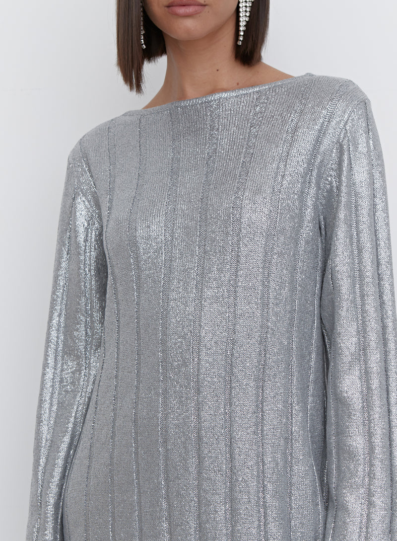 Silver Metallic Knit Tie Back Jumper Dress - Paloma