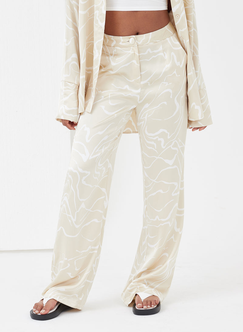 Norma Abstract Line Satin Trouser Beige - 3 - 4th&Reckless